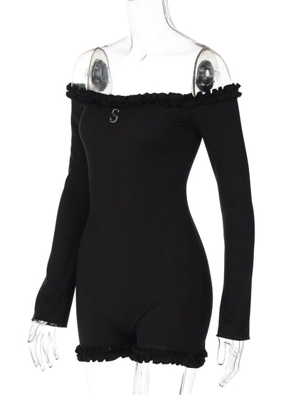 Long sleeve off shoulder ribbed romper