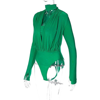 V neck solid ruched gloves high neck long sleeve bodysuit