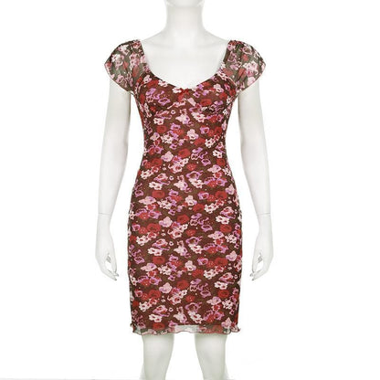 Cap sleeve print bowknot mesh mini dress