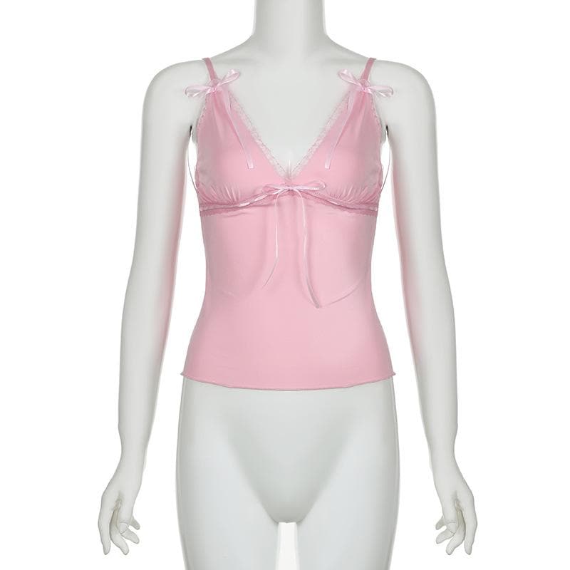 Ribbon bowknot lace hem v neck cami top