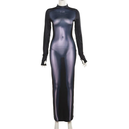 Mock Neck Long Sleeve Thumbhole Thermal Body Map Print Bodycon Maxi Dress