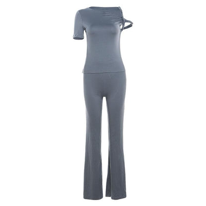 Short sleeve irregular crewneck solid pant set