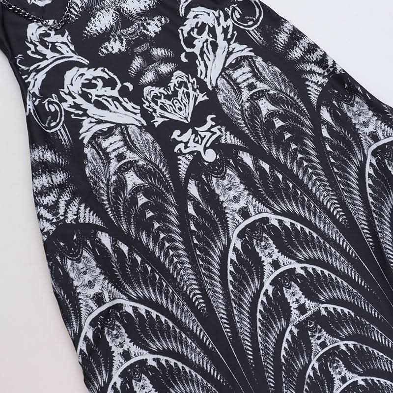 High neck lace up abstract print metal chain slit maxi dress