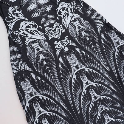 High neck lace up abstract print metal chain slit maxi dress