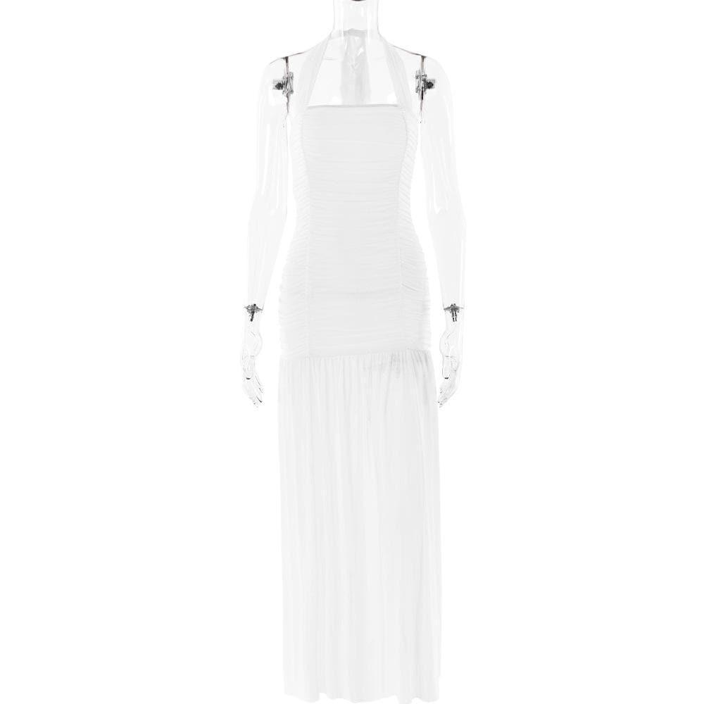 Halter ruched backless solid maxi dress