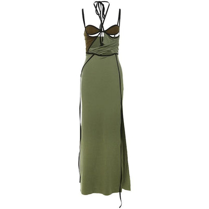 Halter contrast hollow out slit cami cut out midi dress