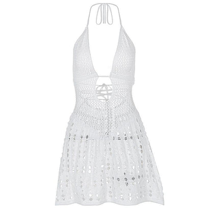 Halter knitted deep V neck see through mini dress