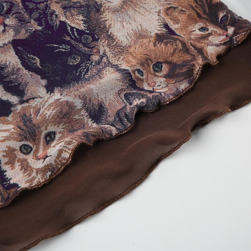 Halter gloves cat print lace hem top