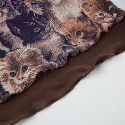 Halter gloves cat print lace hem top