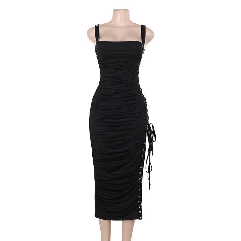 Square neck lace up ruched hollow out cut out midi dress