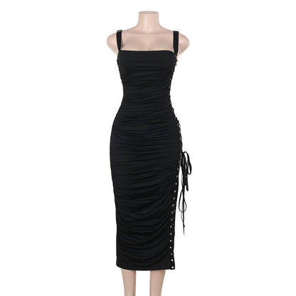 Square neck lace up ruched hollow out cut out midi dress