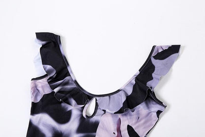 Floral Print Cap Sleeve Ruffle Keyhole Asymmetric Slit Maxi Dress