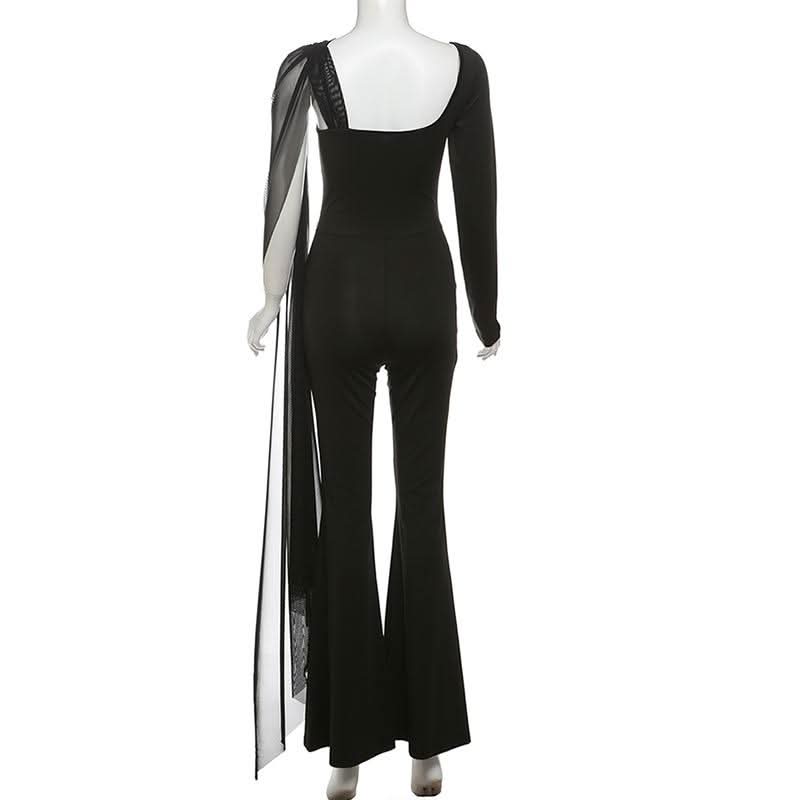 Long sleeve mesh patchwork hollow out jumpsuit