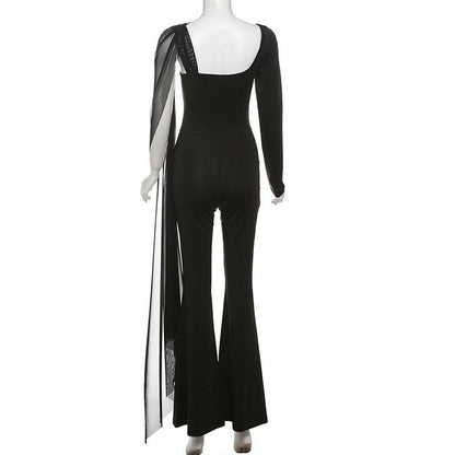 Long sleeve mesh patchwork hollow out jumpsuit