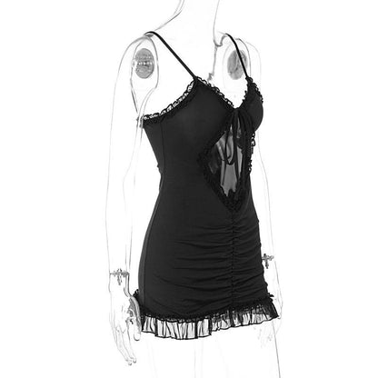 Ruffle hollow out ruched backless cami cut out mini dress