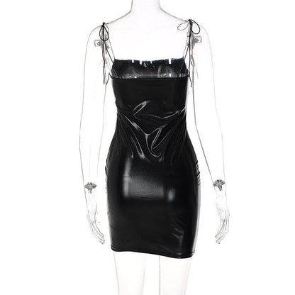 Metallic Tie Shoulder Square Neck Spaghetti Strap Bodycon Mini Dress
