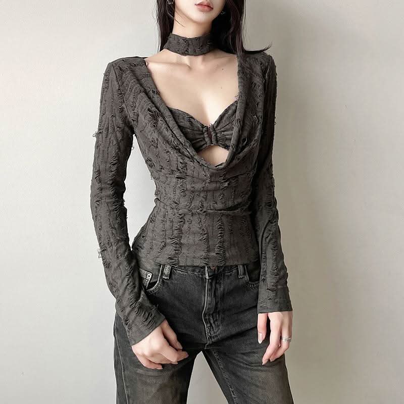 Long sleeve cowl neck solid 2 piece top
