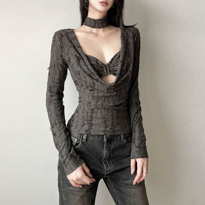 Long sleeve cowl neck solid 2 piece top