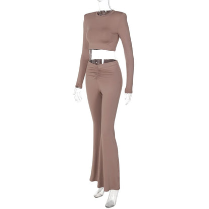 Long sleeve crewneck padded ruched pant set