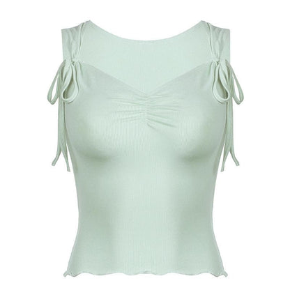 Ruffle ribbed bowknot solid ruched top