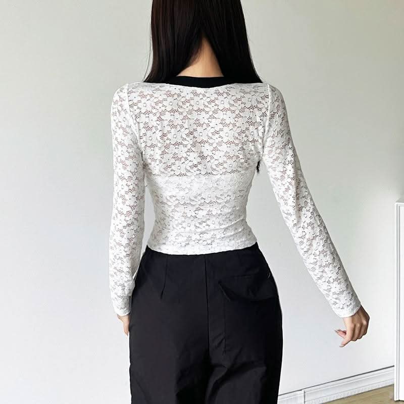 V neck long sleeve lace letter print see through top