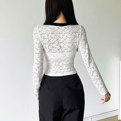 V neck long sleeve lace letter print see through top