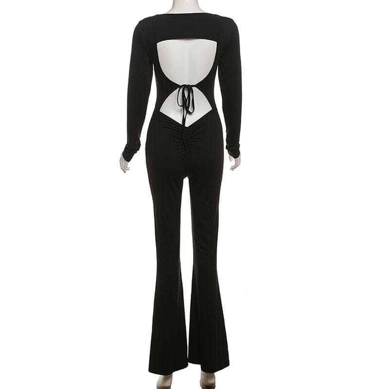 Long sleeve u neck backless self tie solid jumpsuit