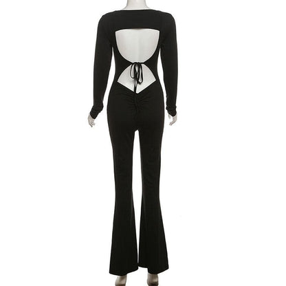 Long sleeve u neck backless self tie solid jumpsuit