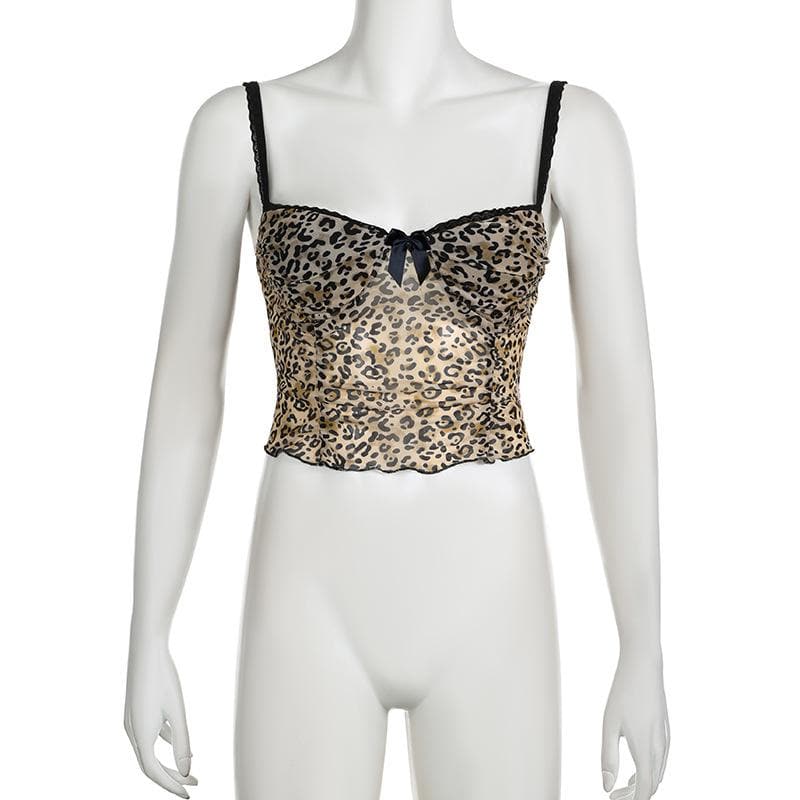 Bowknot leopard print mesh lace hem cami top