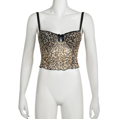 Bowknot leopard print mesh lace hem cami top