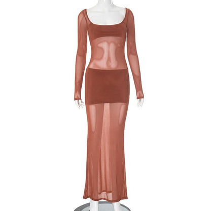 Long sleeve u neck mesh maxi dress