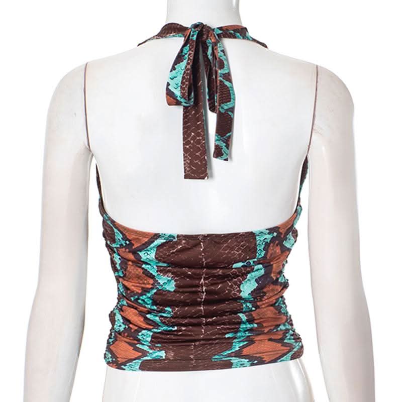Ruched self tie halter v neck print contrast top