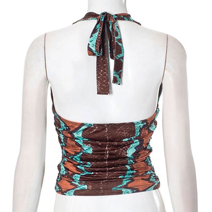 Ruched self tie halter v neck print contrast top