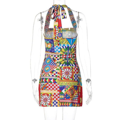 Halter print contrast knotted mini dress