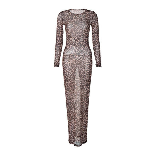 Long sleeve leopard print crewneck sheer mesh maxi dress