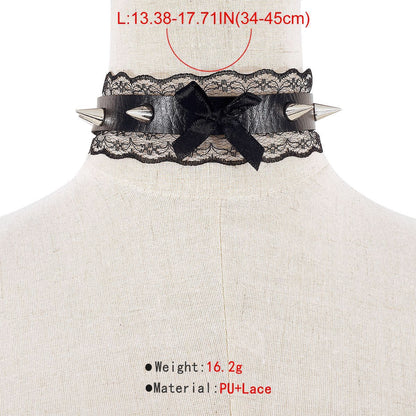PU leather lace hem bowknot rivet decor chocker