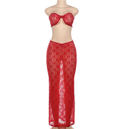 Self tie lace ruched knotted see through maxi skirt set