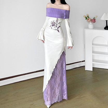 Off shoulder long sleeve knitted patchwork lace print maxi dress