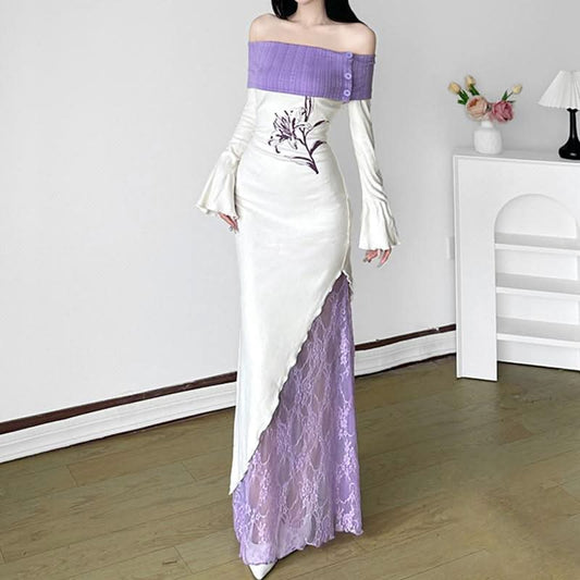 Off shoulder long sleeve knitted patchwork lace print maxi dress