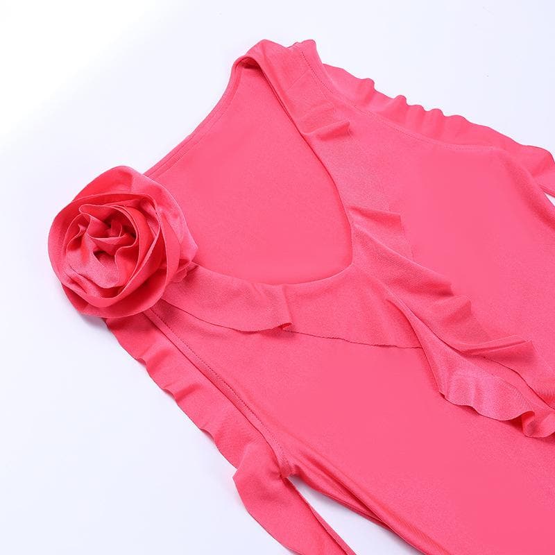 V Neck Floral Applique Ruffle Ribbon Asymmetric Hem Mini Dress