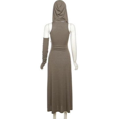 Hooded Ruched Diagonal Drape Detached Sleeve Slit Maxi Dress