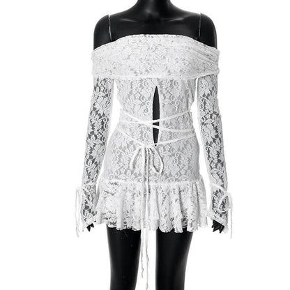 Long sleeve off shoulder lace self tie hollow out cut out mini dress