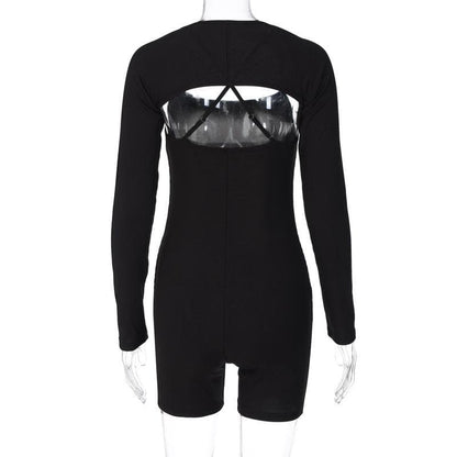 Solid ribbed cross back long sleeve shrug romper