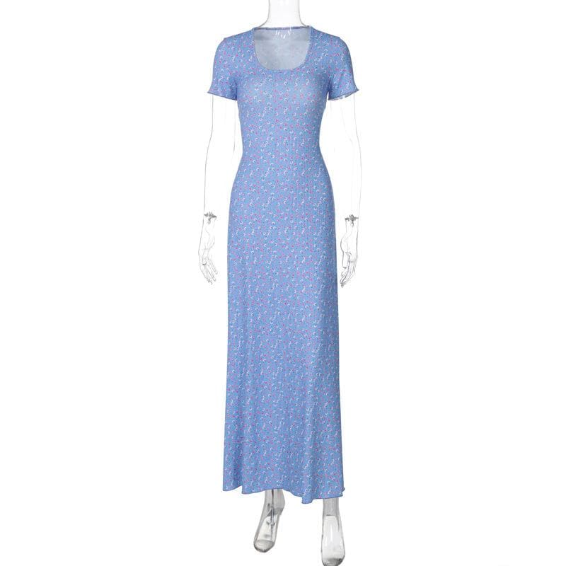 U neck flower print lace up maxi dress