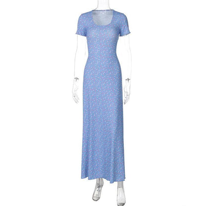 U neck flower print lace up maxi dress