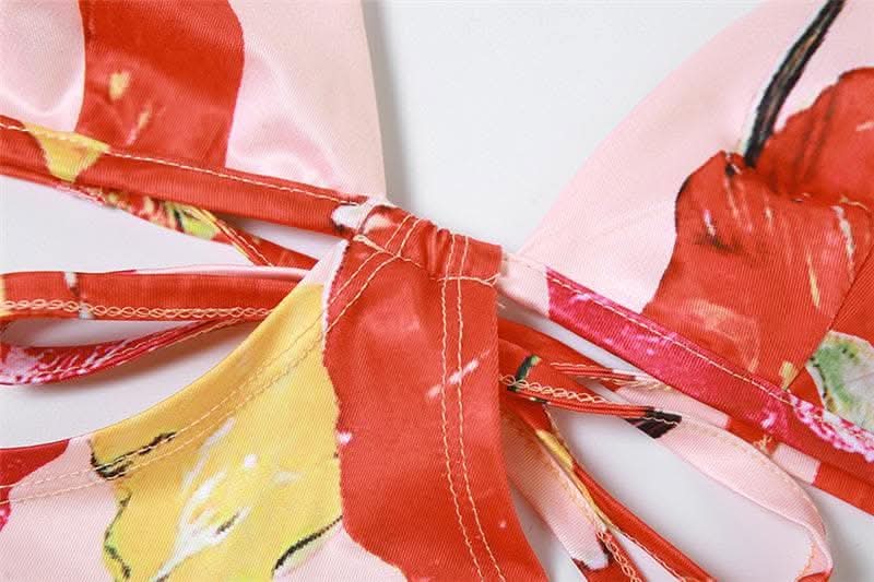 Hollow out v neck backless self tie flower print cut out maxi dress-final-sale