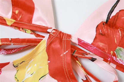 Hollow out v neck backless self tie flower print cut out maxi dress-final-sale