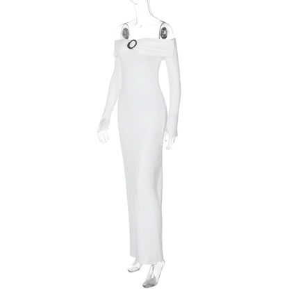 Off shoulder long sleeve slit o ring maxi dress