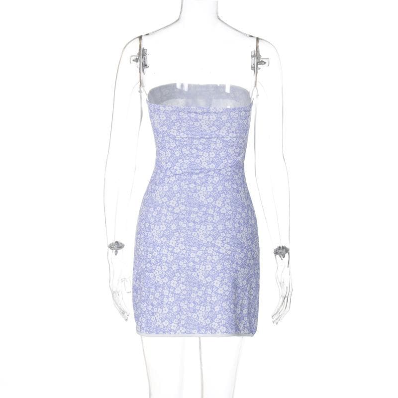 Flower print knotted backless tube mini dress