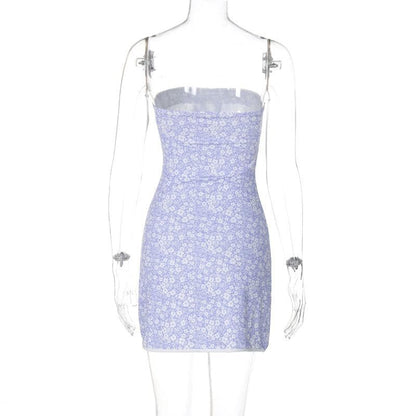 Flower print knotted backless tube mini dress